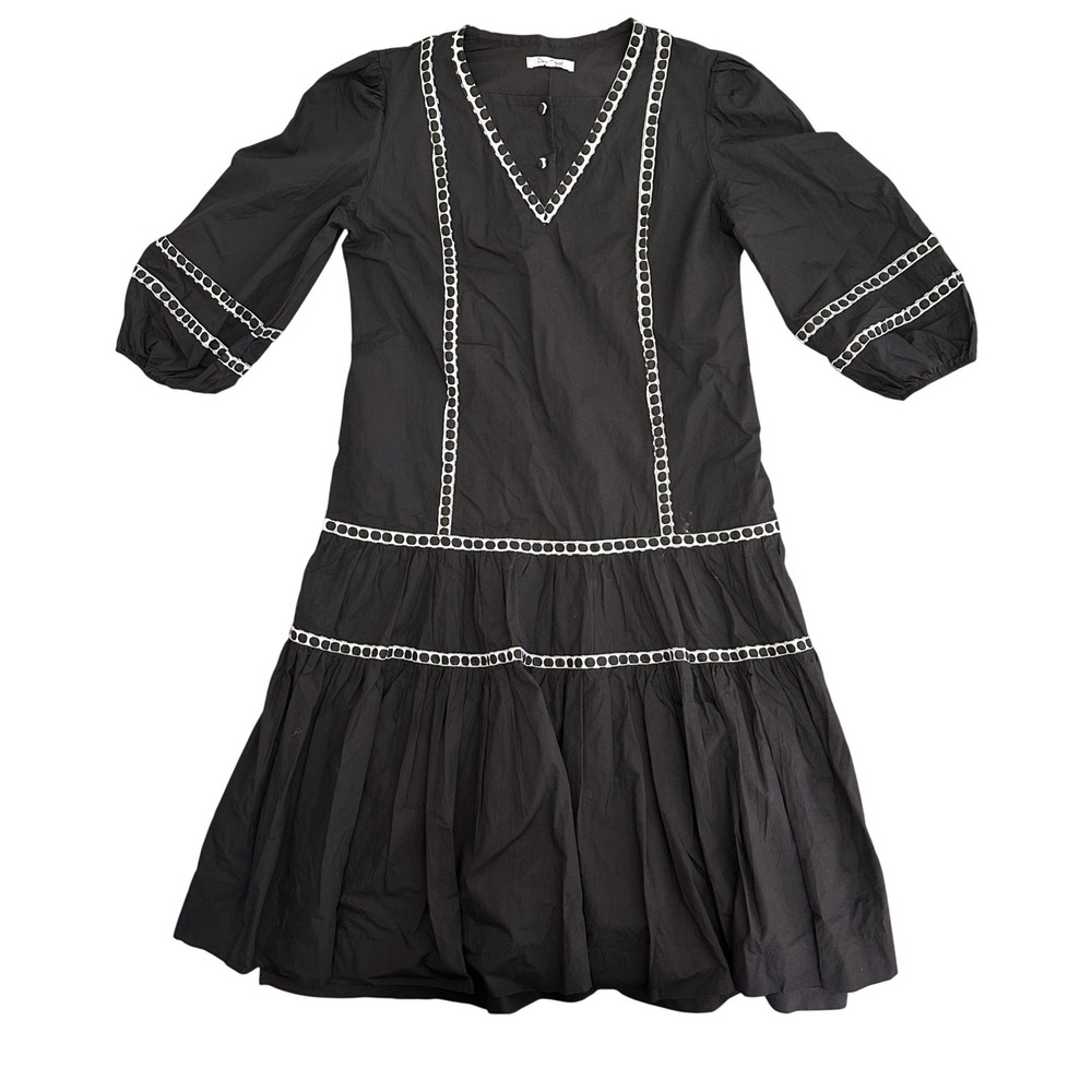 Donna Bella Tiered Midi Dress Women XL Black White Geometric Trim‎ Puff Sleeve
